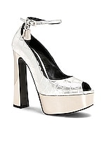 TOM FORD Metallic Stamped Croc Padlock Peep Toe 145 Pump in Silver, view 2, click to view large image.