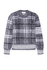 Thom Browne Tartan Check Jacquard Relaxed Fit Sweater in Medium Grey, view 1, click to view large image.