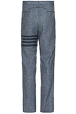 Thom Browne 4 Bar Low Rise Drop Crotch Backstrap Trouser in Light Blue, view 2, click to view large image.