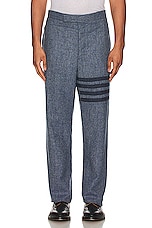 Thom Browne 4 Bar Low Rise Drop Crotch Backstrap Trouser in Light Blue, view 3, click to view large image.