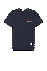 Thom Browne Jersey Cotton Short Sleeve Pocket Tee in Navy, view 1, click to view large image.