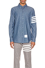 Thom Browne Straight Fit Button Down Long Sleeve Shirt in Blue, view 1, click to view large image.