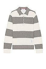 Thom Browne Long Sleeve Stripe Rugby in Light Grey, view 1, click to view large image.