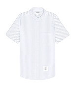 Thom Browne Cotton Seersucker Short Sleeve Shirt in Light Blue, view 1, click to view large image.