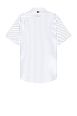 Thom Browne Cotton Seersucker Short Sleeve Shirt in Light Blue, view 2, click to view large image.