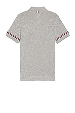 Thom Browne RWB Stripe Short Sleeve Rib Cuff Polo in Medium Grey, view 2, click to view large image.