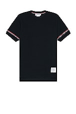 Thom Browne RWB Stripe Short Sleeve Rib Cuff Tee in NAVY, view 1, click to view large image.