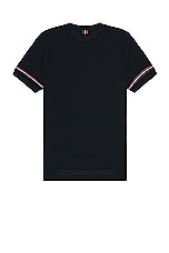 Thom Browne RWB Stripe Short Sleeve Rib Cuff Tee in NAVY, view 2, click to view large image.