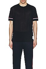 Thom Browne RWB Stripe Short Sleeve Rib Cuff Tee in NAVY, view 4, click to view large image.