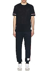 Thom Browne RWB Stripe Short Sleeve Rib Cuff Tee in NAVY, view 5, click to view large image.