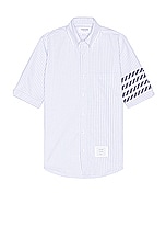 Thom Browne 4 Bar Straight Fit Short Sleeve Shirt in Light Blue, view 1, click to view large image.