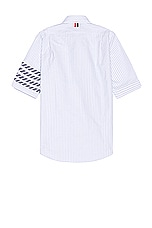 Thom Browne 4 Bar Straight Fit Short Sleeve Shirt in Light Blue, view 2, click to view large image.