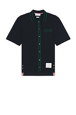 Thom Browne Short Sleeve Striped Shirt in Navy, view 1, click to view large image.