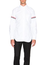 Thom Browne Classic Button Down with Grosgrain Armbands in White, view 1, click to view large image.
