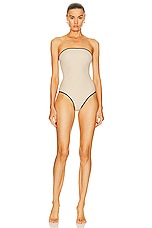 Toteme Stripe Edge Strapless Swimsuit in Light Hay, view 1, click to view large image.