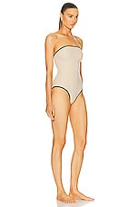 Toteme Stripe Edge Strapless Swimsuit in Light Hay, view 2, click to view large image.