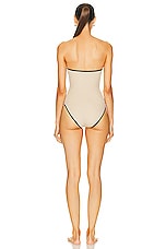 Toteme Stripe Edge Strapless Swimsuit in Light Hay, view 3, click to view large image.