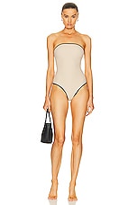Toteme Stripe Edge Strapless Swimsuit in Light Hay, view 4, click to view large image.