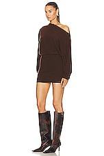 The Sei Off Shoulder Mini Dress in Chocolate, view 3, click to view large image.