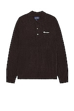 thisisneverthat Script Shaggy Knit Polo in Dark Brown, view 1, click to view large image.