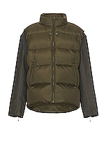 Undercover Leather Sleeve Puffer Blouson in Khaki, view 1, click to view large image.