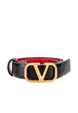 Valentino Garavani Logo Belt in Nero & Rouge Pur, view 1, click to view large image.