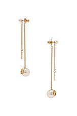 Valentino Garavani V Logo Signature Pearl Drop Earrings in Oro & Cream, view 3, click to view large image.