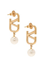 Valentino Garavani V Logo Signature Pearl Earrings in Oro & Cream, view 1, click to view large image.
