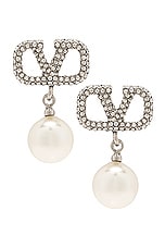 Valentino Garavani V Logo Signature Pearl Earrings in Palladio, Cream, & Crystal Silver Shade, view 1, click to view large image.