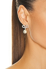 Valentino Garavani V Logo Signature Pearl Earrings in Palladio, Cream, & Crystal Silver Shade, view 2, click to view large image.