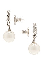 Valentino Garavani V Logo Signature Pearl Earrings in Palladio, Cream, & Crystal Silver Shade, view 3, click to view large image.