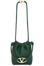 Valentino Garavani Mini V Logo Drawstring Bag in Amazon Green, view 1, click to view large image.