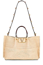 Valentino Garavani Medium Summer Tote Bag in Naturale & Selleria, view 1, click to view large image.