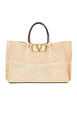 Valentino Garavani Medium Summer Tote Bag in Naturale & Selleria, view 3, click to view large image.