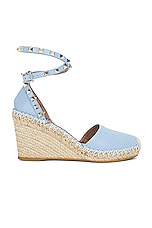 Valentino Garavani Rockstud Wedge Espadrille in Popeline Blue & Rose Cannelle, view 1, click to view large image.