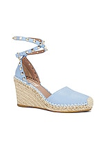 Valentino Garavani Rockstud Wedge Espadrille in Popeline Blue & Rose Cannelle, view 2, click to view large image.