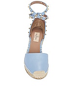 Valentino Garavani Rockstud Wedge Espadrille in Popeline Blue & Rose Cannelle, view 4, click to view large image.