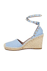 Valentino Garavani Rockstud Wedge Espadrille in Popeline Blue & Rose Cannelle, view 5, click to view large image.