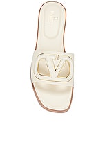 Valentino Garavani V Logo Cut Out Slide in Light Ivory & Antique Brass, view 4, click to view large image.