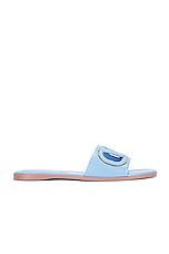 Valentino Garavani V Logo Cut Out Slide in Popeline Blue & Antique Brass, view 1, click to view large image.