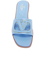 Valentino Garavani V Logo Cut Out Slide in Popeline Blue & Antique Brass, view 4, click to view large image.