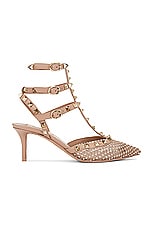 Valentino Garavani Rockstud Ankle Strap Pump in Silk & Rose Cannelle, view 1, click to view large image.