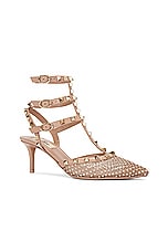 Valentino Garavani Rockstud Ankle Strap Pump in Silk & Rose Cannelle, view 2, click to view large image.