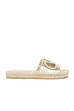 Valentino Garavani V Logo Cut Out Espadrille Slide in Platino & Antique Brass, view 1, click to view large image.
