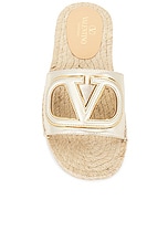 Valentino Garavani V Logo Cut Out Espadrille Slide in Platino & Antique Brass, view 4, click to view large image.