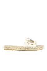 Valentino Garavani V Logo Cut Out Espadrille Slide in Light Ivory & Antique Brass, view 1, click to view large image.