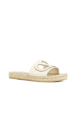 Valentino Garavani V Logo Cut Out Espadrille Slide in Light Ivory & Antique Brass, view 2, click to view large image.