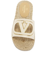 Valentino Garavani V Logo Cut Out Espadrille Slide in Light Ivory & Antique Brass, view 4, click to view large image.