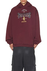 VETEMENTS Merged Double Hood Embroidered Tourist Hoodie in Bordeaux, view 4, click to view large image.