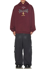 VETEMENTS Merged Double Hood Embroidered Tourist Hoodie in Bordeaux, view 5, click to view large image.